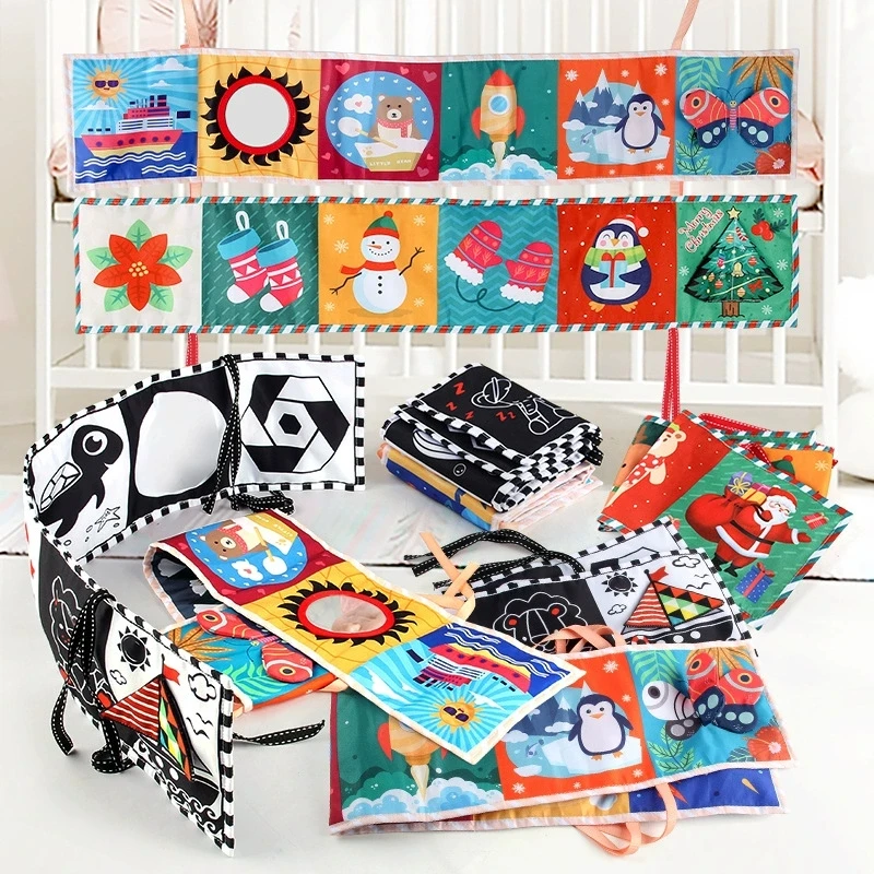 หนังสือผ้าสิงโตแมลงสีดำขาว ของเล่นเสริมพัฒนาการเด็กแรกเกิด ของเล่นแขวนขอบเตียงเด็ก ของเล่นเสริมพัฒนาการเด็กเล็ก อายุ 0-12 เดือน