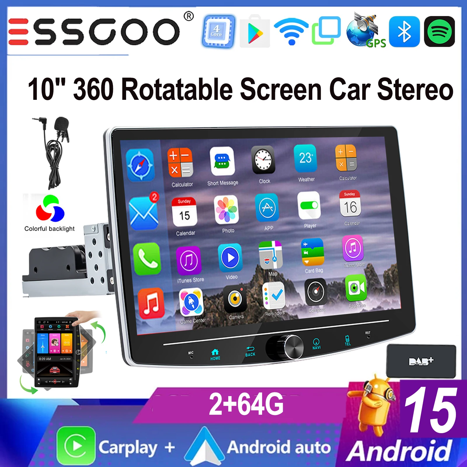 ESSGOO 10,1" Android 15 1 DIN Universeel 360 °   Draaibaar touchscreen carplay MICROFOON Android auto Autoradio Radio GPS NAVI BT WIFI FM