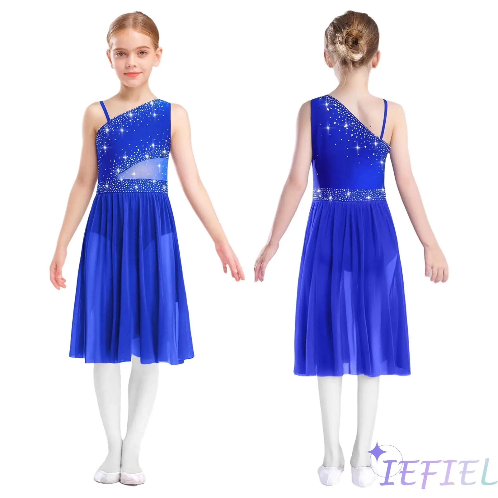 

Kids Girls Shiny Rhinestones Lyrical Dance Figure Skating Costume One Shoulder Sleeveless Sheer Mesh Waist Dress for Performance