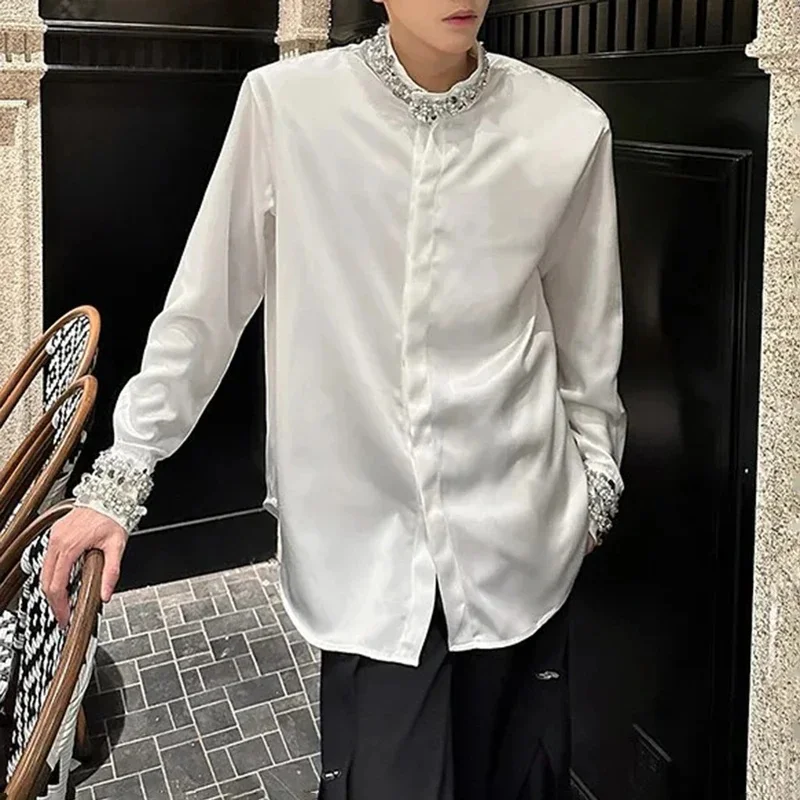 Men Acetate Shirt Spring Heavy Sequin Embroidery Shoulder‑Padded Design Luxury Loose Casual Top