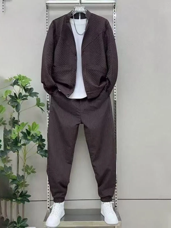 Casual Striped Shirt And Pants Set for Men Trendy Fashionable Long Sleeve Outerwear Polyester Fiber Autumn Collection