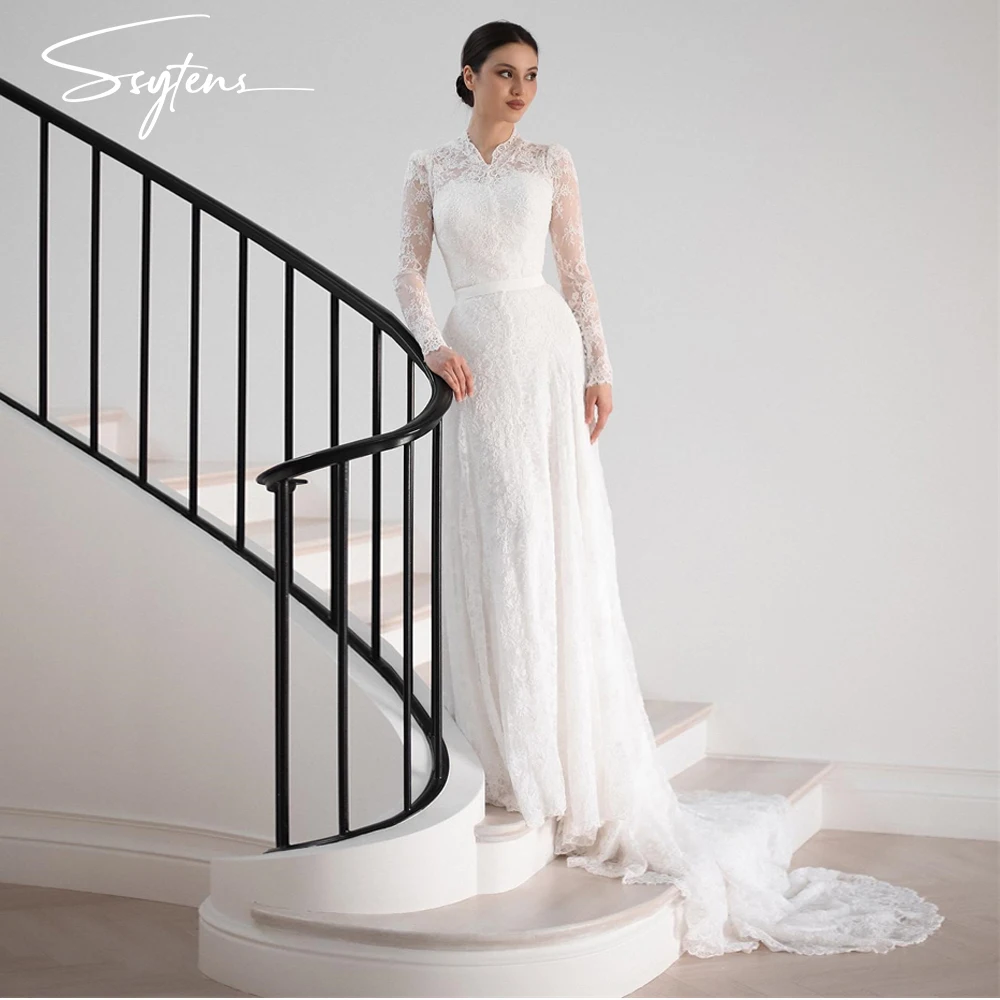 

SSYTENS Full Lace A Line Wedding Dresses Beach Bride Dress Long Sleeves Sweep Train Elegant Bridal Gown Custom Vestido de noiva