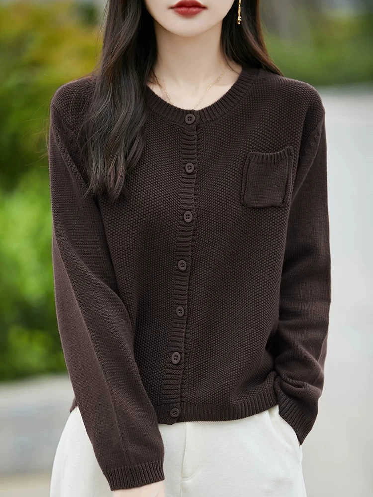 Women's Pure Cotton round Neck Open Cardigan Loose Knitted Outerwear Slimming Commute Style Long Sleeve Warm  Color