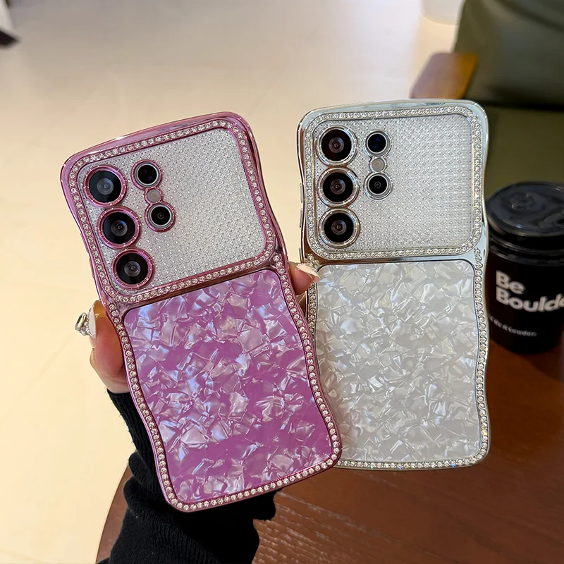 Wave Edge Seashell Texture Phone Case for Samsung Galaxy S26 S25 S24 Ultra Electroplating Rhinestone Back Cover