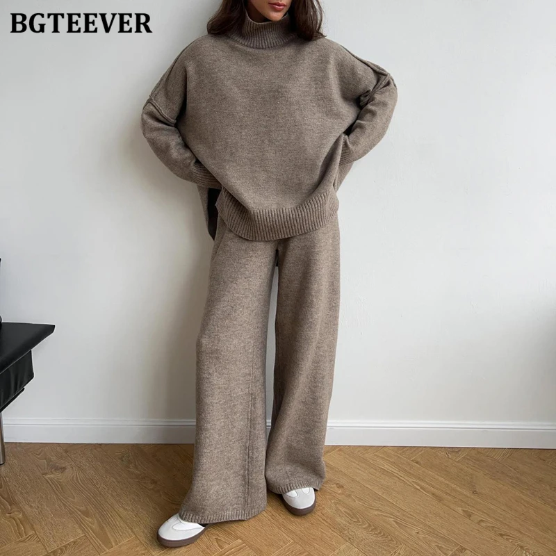 BGTEEVER Stylish Loose Women Knitted Trousers Set Long Sleeve Split Turtleneck Sweaters Female Floor-Length Straight Pants