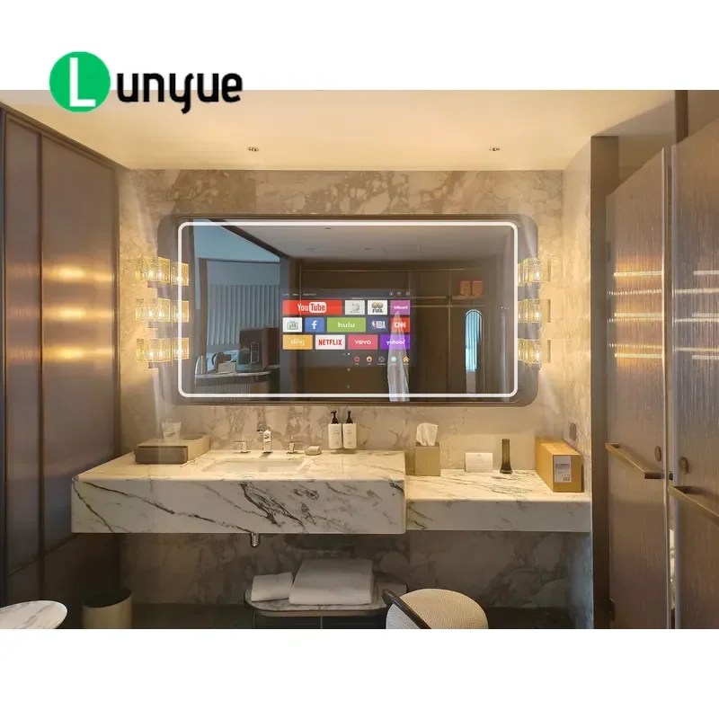 Smart LED Touch Switch Mirror Rectangle Wall Mounted Android TV Bathroom Mirror for Hotel Beauty Modern Luxury High