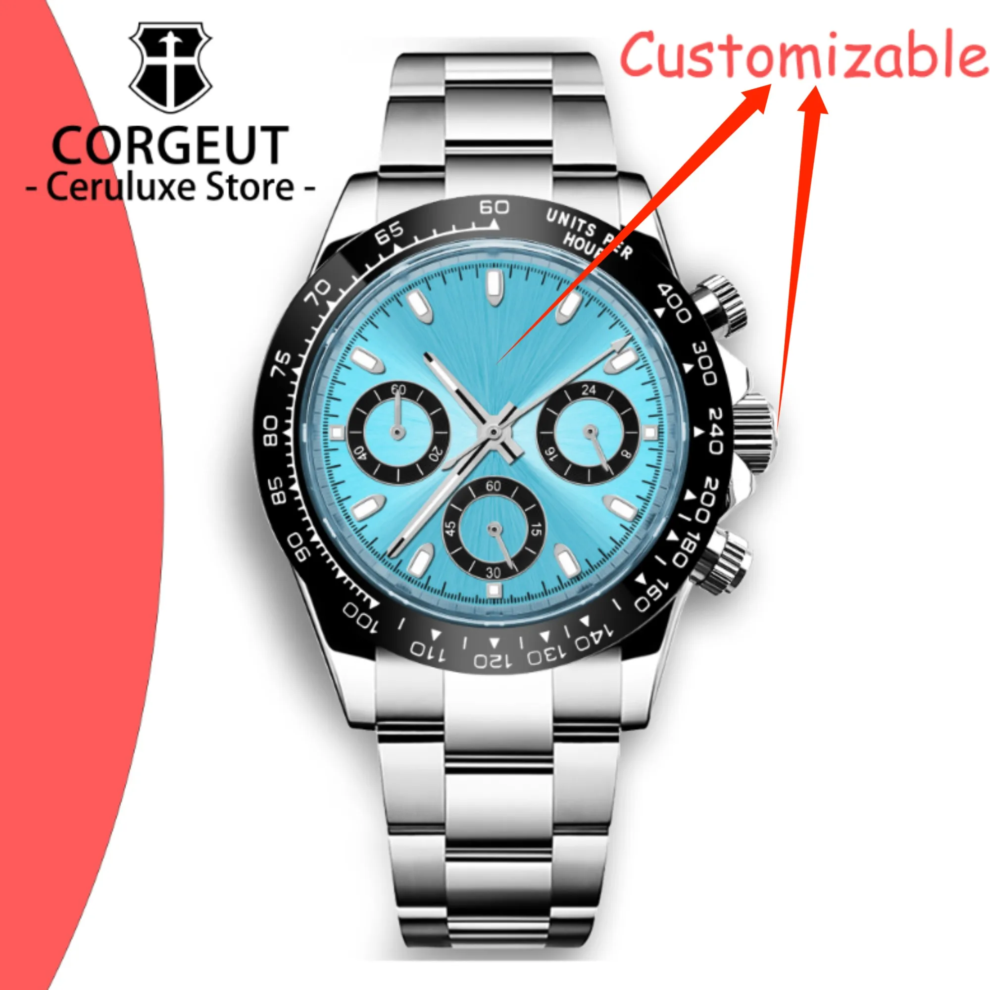 

CUSTOM Logo 39mm VK63 Movement Luxury Men's Watches Sport 24 Hour Automatic Date Quartz Watch Stainless Steel Waterproof Watches
