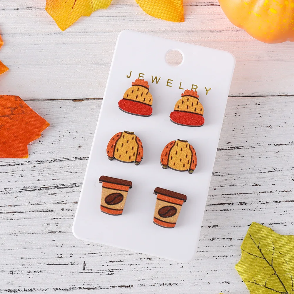 new autumn Thanksgiving maple leaf pumpkin stud earrings set wooden personalized Thanksgiving harvest earrings gift