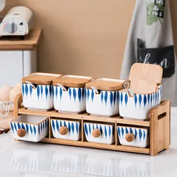 Hand Painted Geometric Pattern Ceramic Seasoning Box Kitchen Supplies Set Salt Shaker Oil Pot Seasoning Organizer Spice Rack New