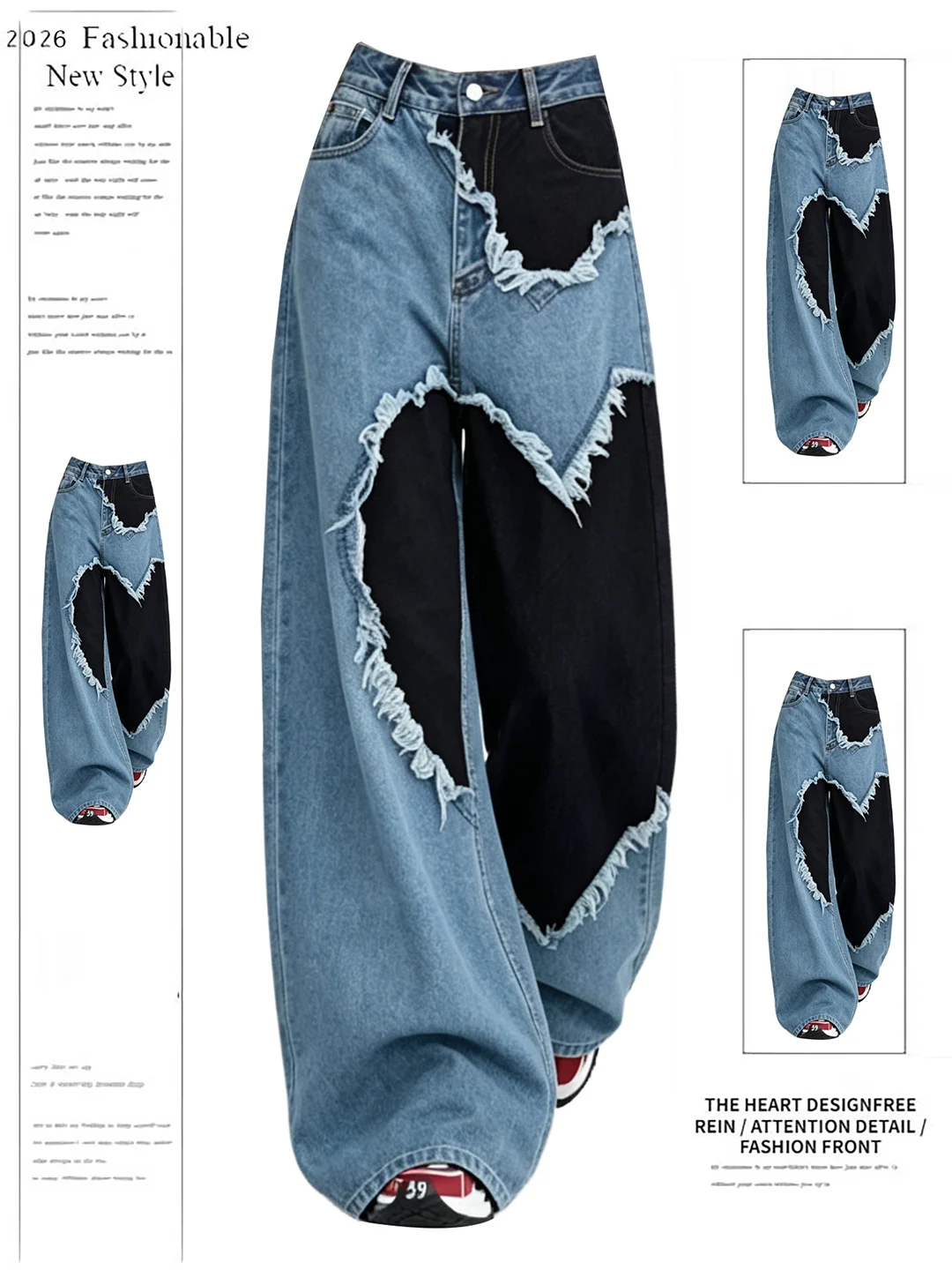 

Love Heart Wide Leg Jeans Women Summer New Design Loose Straight Cut Denim Pants Casual High Waist Polyester Fiber Blue Color