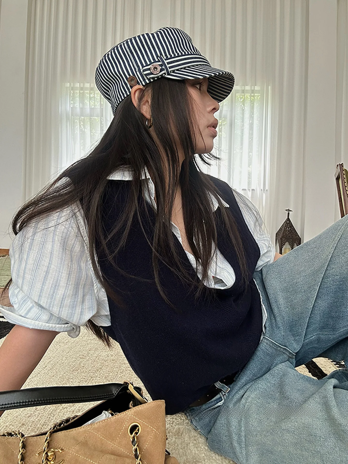 

Высококачественный жилет из австралийской шерсти, женский свободный жилет с верхом, V-Ne, чистый цвет, новинка осени 2023, универсальный