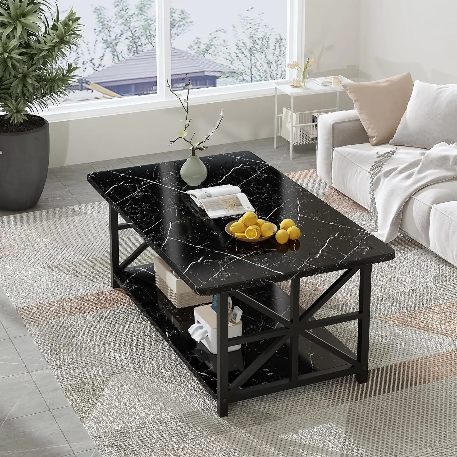 

Modern Coffee Table for Living Room, Faux Marble 2-Tier Coffee Table with MDF Broad & Metal Frame, Farmhouse Style