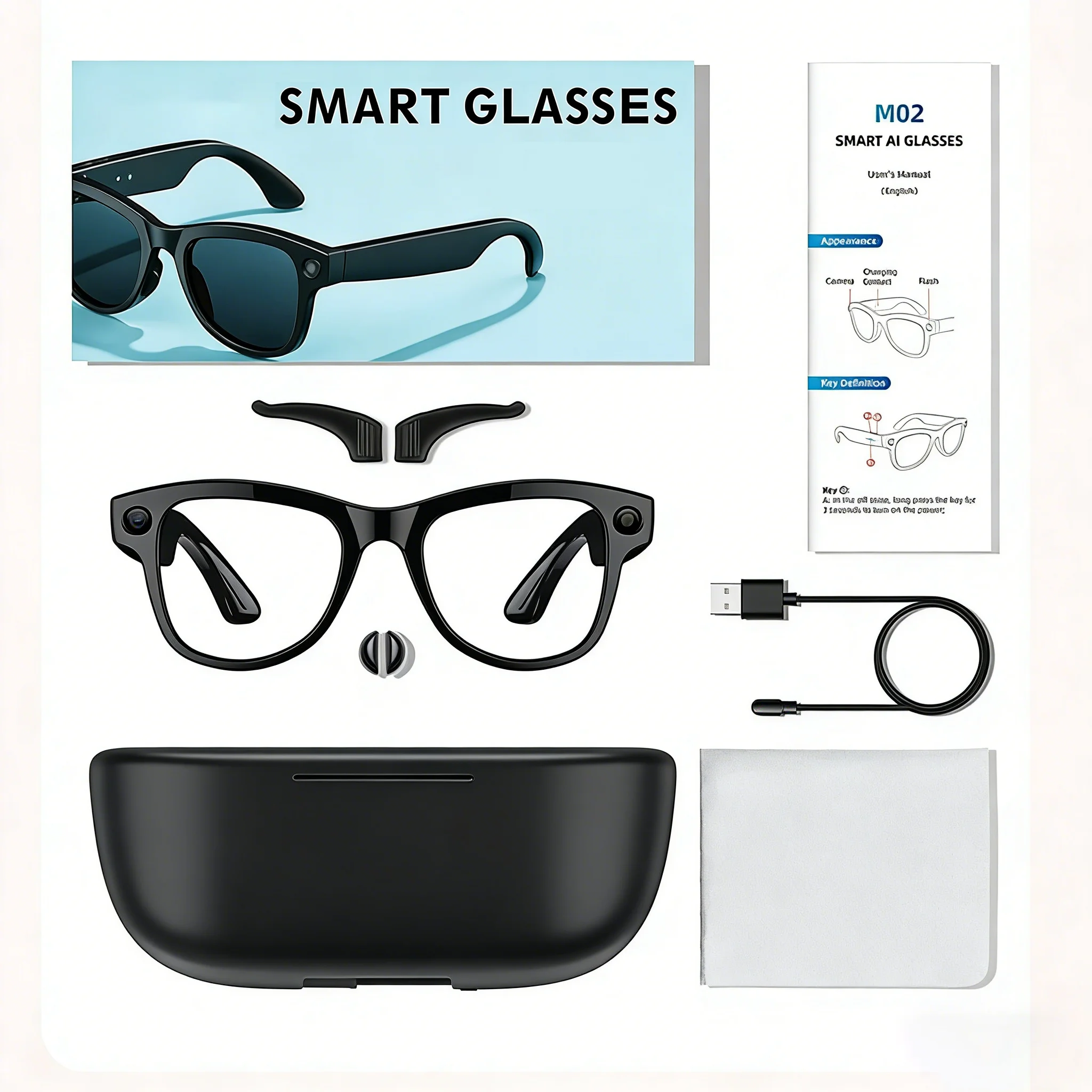 M02 AI Smart Glasses 8MP Camera Video Recording 100+Languages Translation Sunglasses Bluetooth Call Music Play with Charging Box