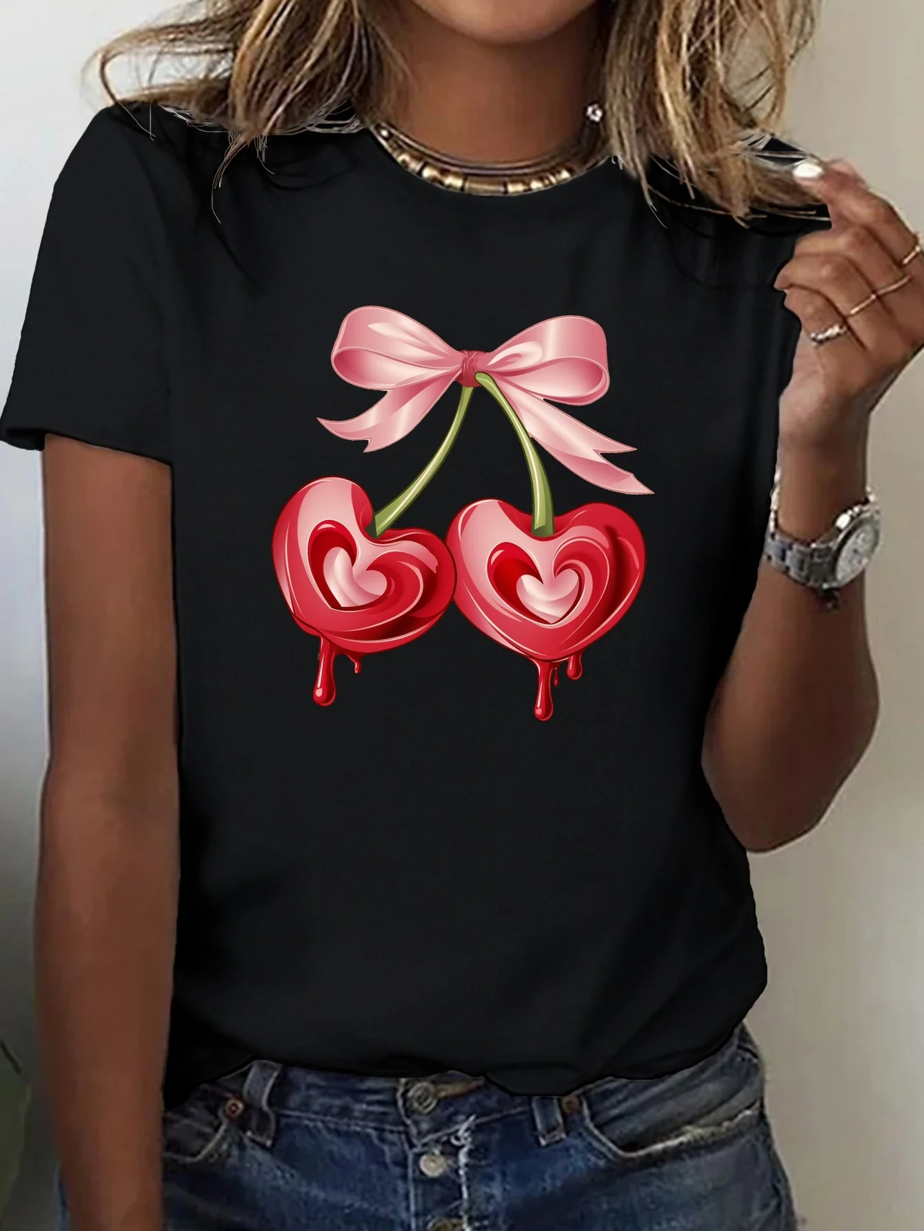 

Con diseño de lazo de cereza en forma de corazón camiseta informal de manga corta Harajuku camisetas de calle ropa estética