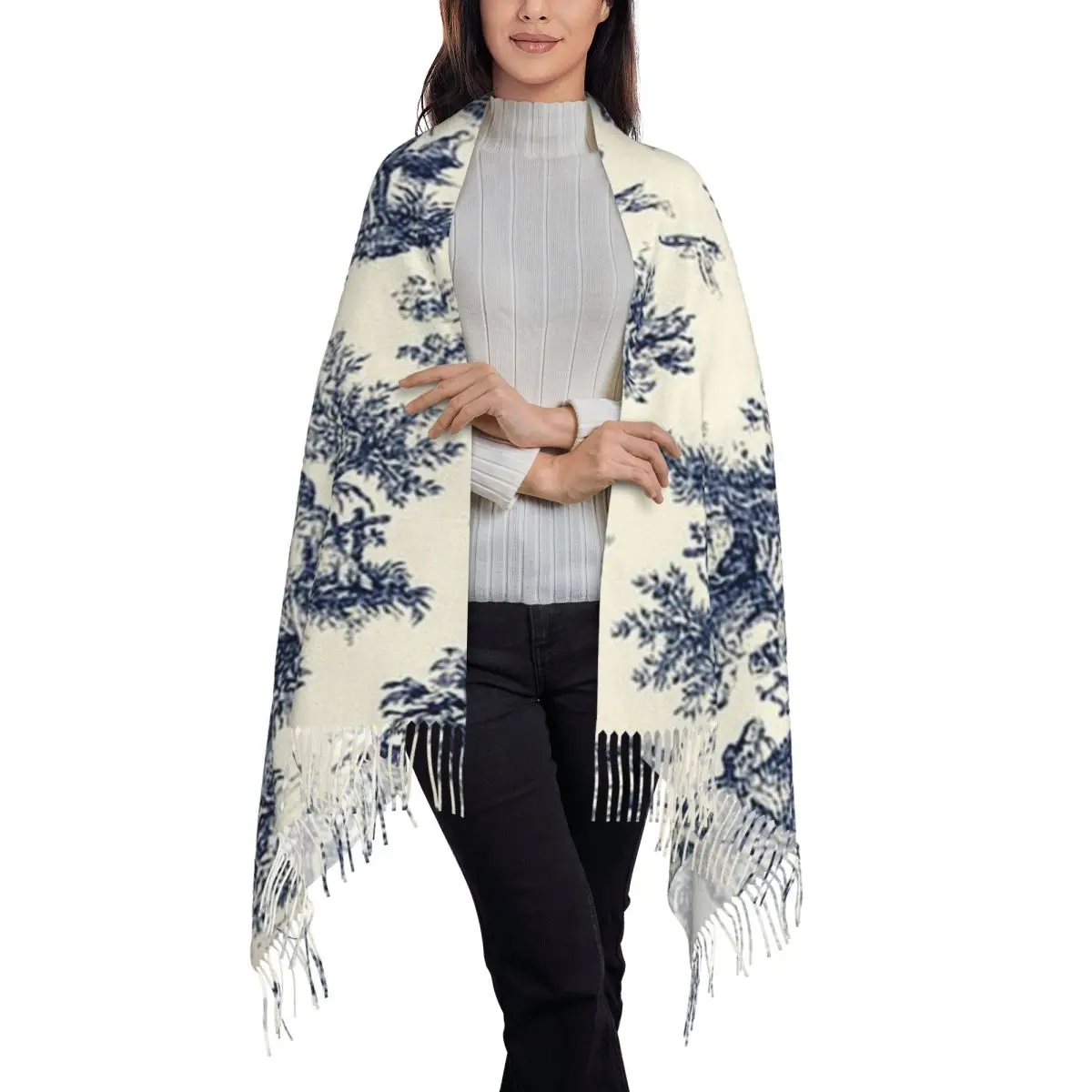 Vintage French Toile De Jouy Motif Scarf Tassel Scarves for Women Soft Warm Shawls and Wraps Large Fall Winter Shawl Wrap