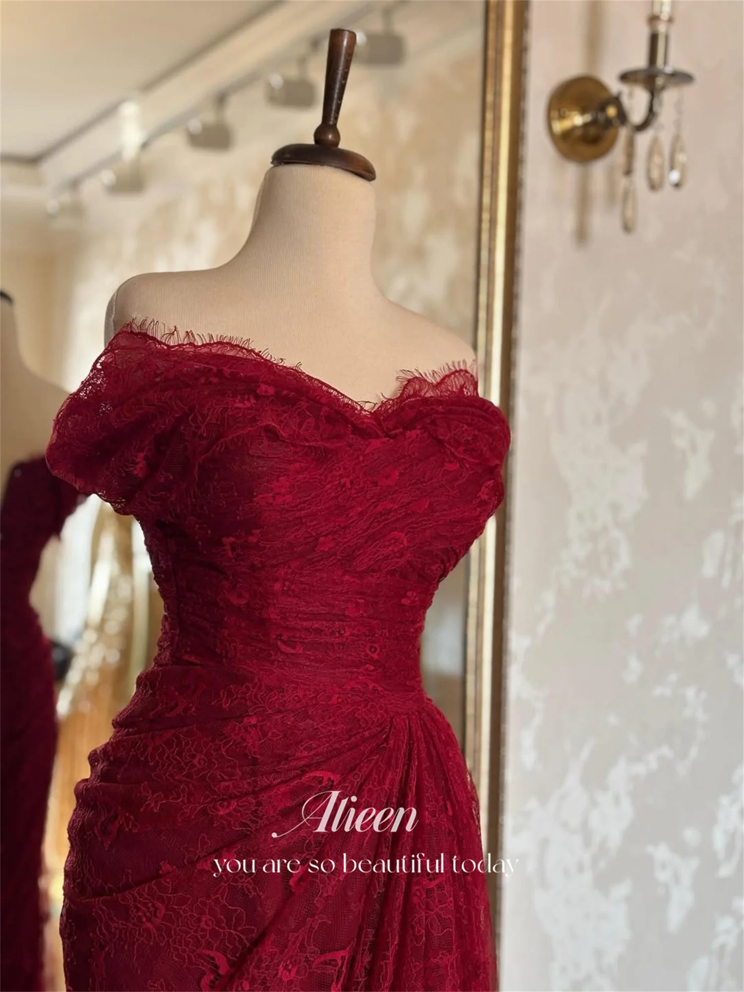 Aileen Burgundy Lace Off Shoulder Evening Dress Hot Sale Short Sleeve Mermaid Floor-Length Ruffles Formal Party Dress Customized image 5