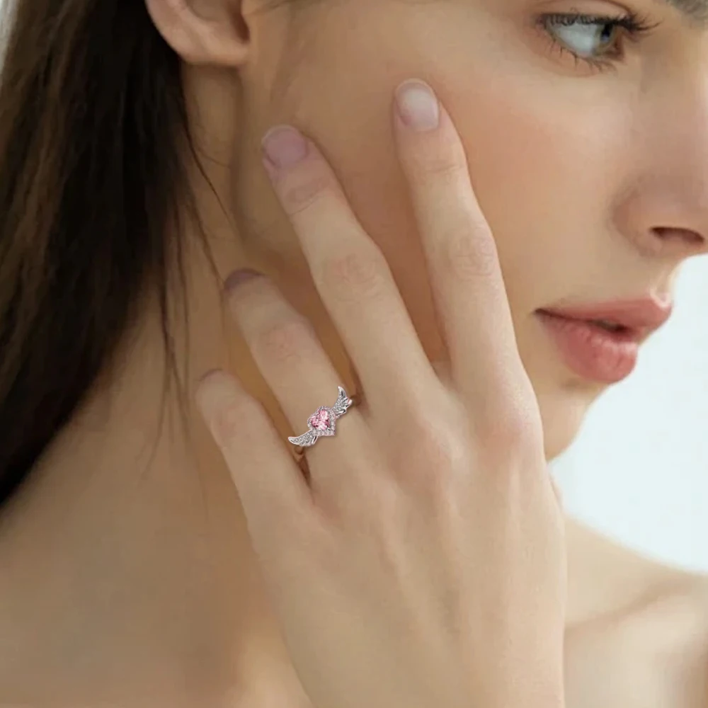 YILUOCD 2Pcs Pink Heart Zircon Rings for Couple Gold Plated Angel Wing Ring Eternity Forever Love Fine Jewelry Wedding Gift