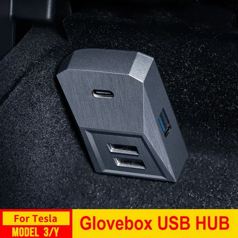 USB Hub untuk Tesla Model 3 Model Y 2021-2023, 4-In-1 kotak sarung tangan Multi Port Hub Flash Drive, aksesori pengganti stasiun Dok