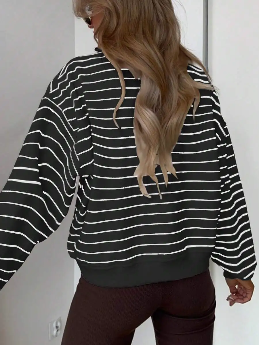 Women's Black & White Striped Long Sleeve Sweatshirt, Casual Minimalist Style, Autumn Loose Fit