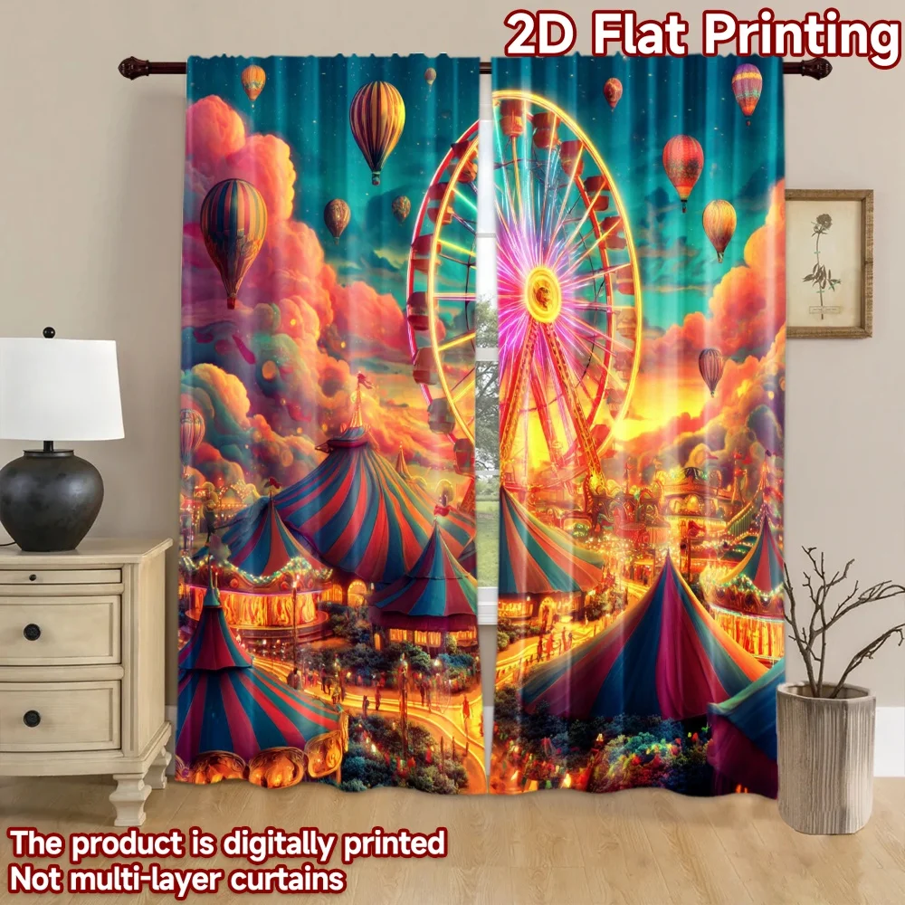 2D flat printing 2pcs Party Curtain Carnival Festival Ferris Wheel Hot Air Balloons Digital Printed Polyester Drapes Festive view 6