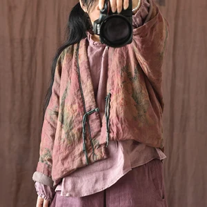 Johnature-Floral Stempel gepolsterte Jacke für Frauen, Vintage-Leinenmäntel, chinesischer Stil, Langarm, Knopf, Gürtel, neu, Herbst, 2024 10 Hauptverkaufsmantel über alle Blumen - №6