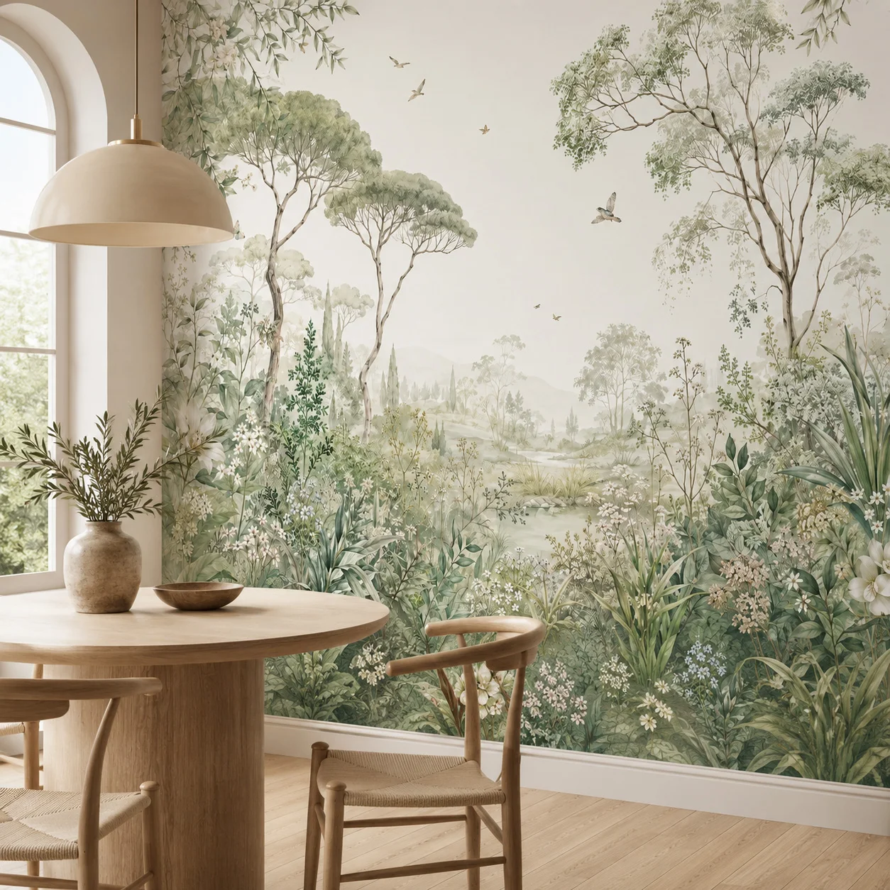 Vintage Sage Green Woodland Garden Wall Mural Wallpaper, Botanical Landscape with Birds for Living Room Bedroom, Paste Required