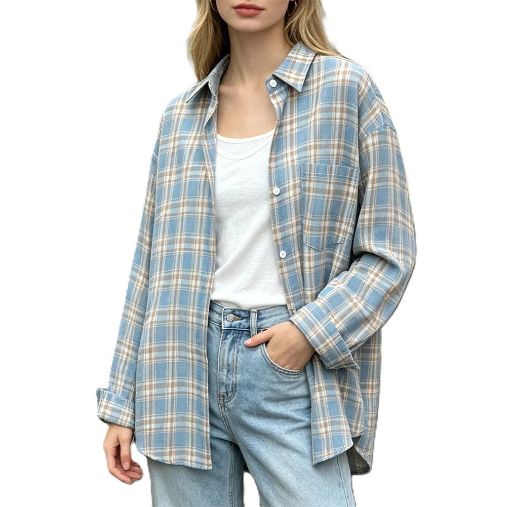 Polyester Vacation Outerwear 42 S Women Plaid Shirt Coat Medium Elasticity Fabric New Condition Item Plaid Pattern Print