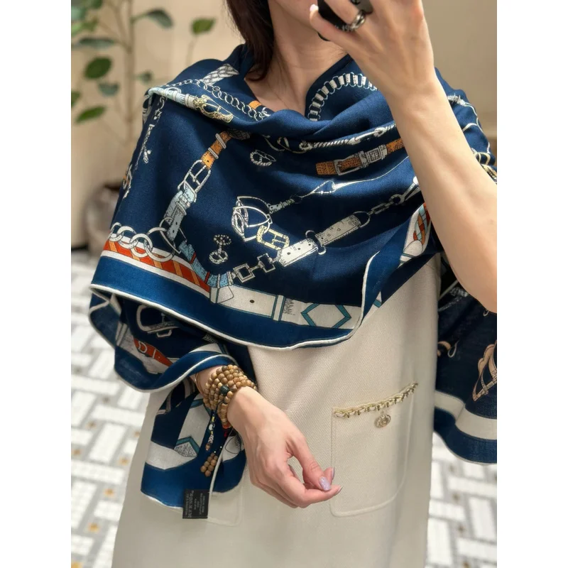 Pashminas For Women Luxury Designer Wool Shawl Navy Blue Hijab Head Scarf 140cm Winter Wool And Silk Cashmere Luxury Replikica