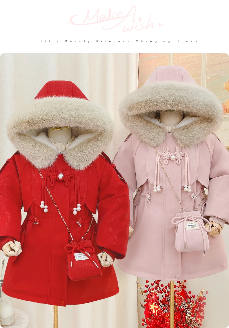 

Sweet Parka Winter Girls Jacket Red Warm White Fur Hooded Coat Children Down Cotton Clothes Baby Thick Loose Bow Snowsuit TR185