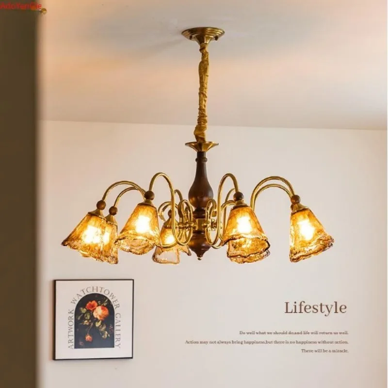 

French medieval style high-end living room main light Maillard retro solid wood dining room bedroom glass chandelier