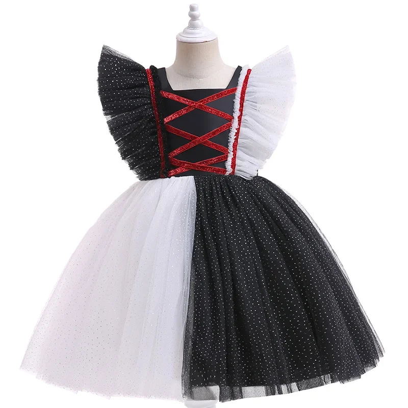 Halloween Black White Mesh Costume Girls Cosplay Dresses for Kids Evil Witch Children Party Clothes Dress Demon Ghosts Clothing