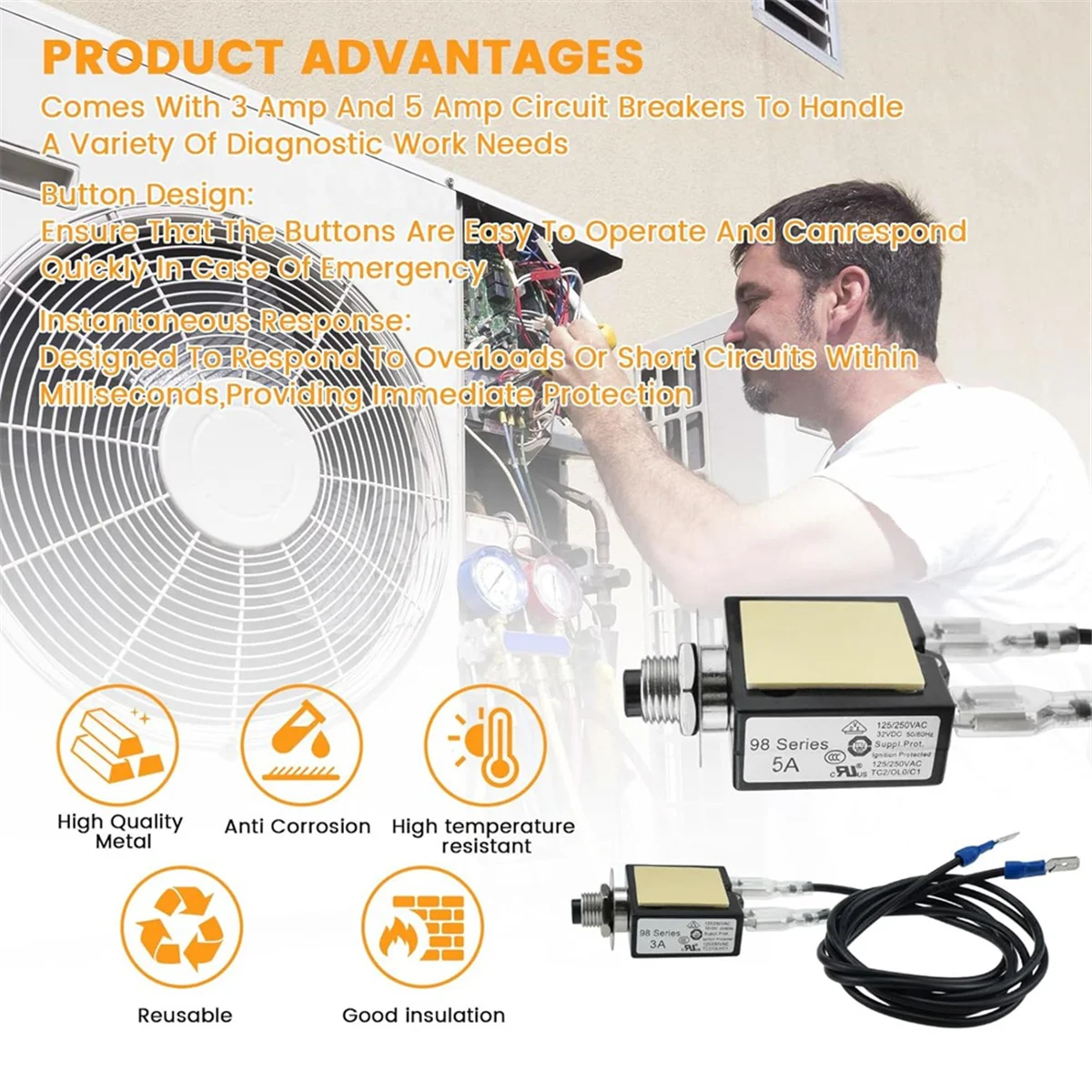 ABNJ 3 AMP & 5 AMP Push Button Manual Reset Circuit Breaker,Auto Trip Thermal Circuit Breaker 18AWG Wires and Waterproof Cap