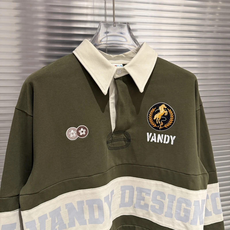 New Splicing Badge Embroidered White Ink Printed Flip Collar Washed Outdated Vandy Long Sleeve Polo Shirt