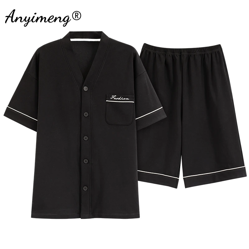 

Men Pajama 100% Pure Cotton Pajamas Set Summer L-3XL Short Sleeve Shorts Pijamas Fashion Homewear Kimono Sleepwear