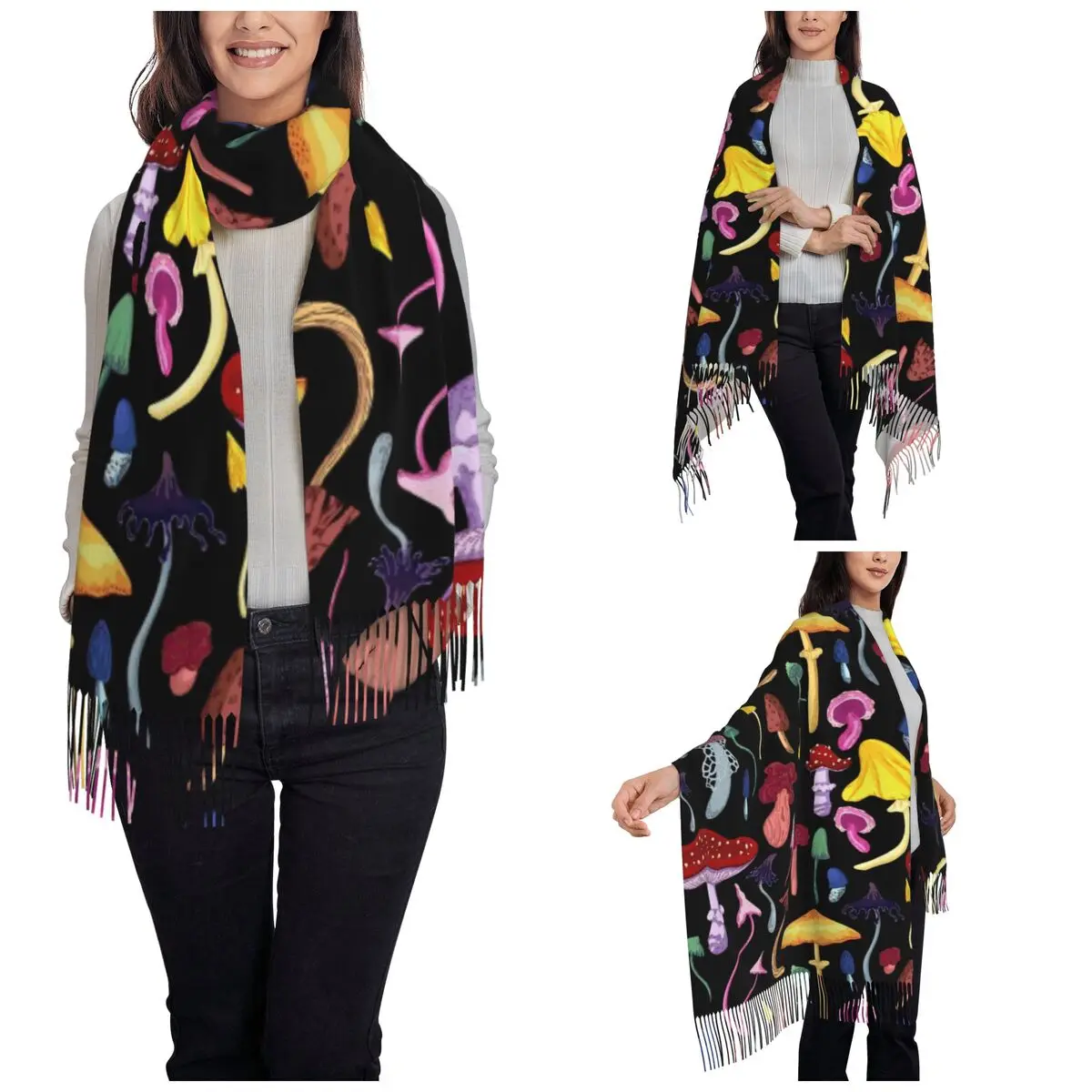 Psychedelic Mushrooms Scarf for Women Warm Winter Pashmina Shawls and Wrap Single-sided Pattern Shawl Scarf for Ladies