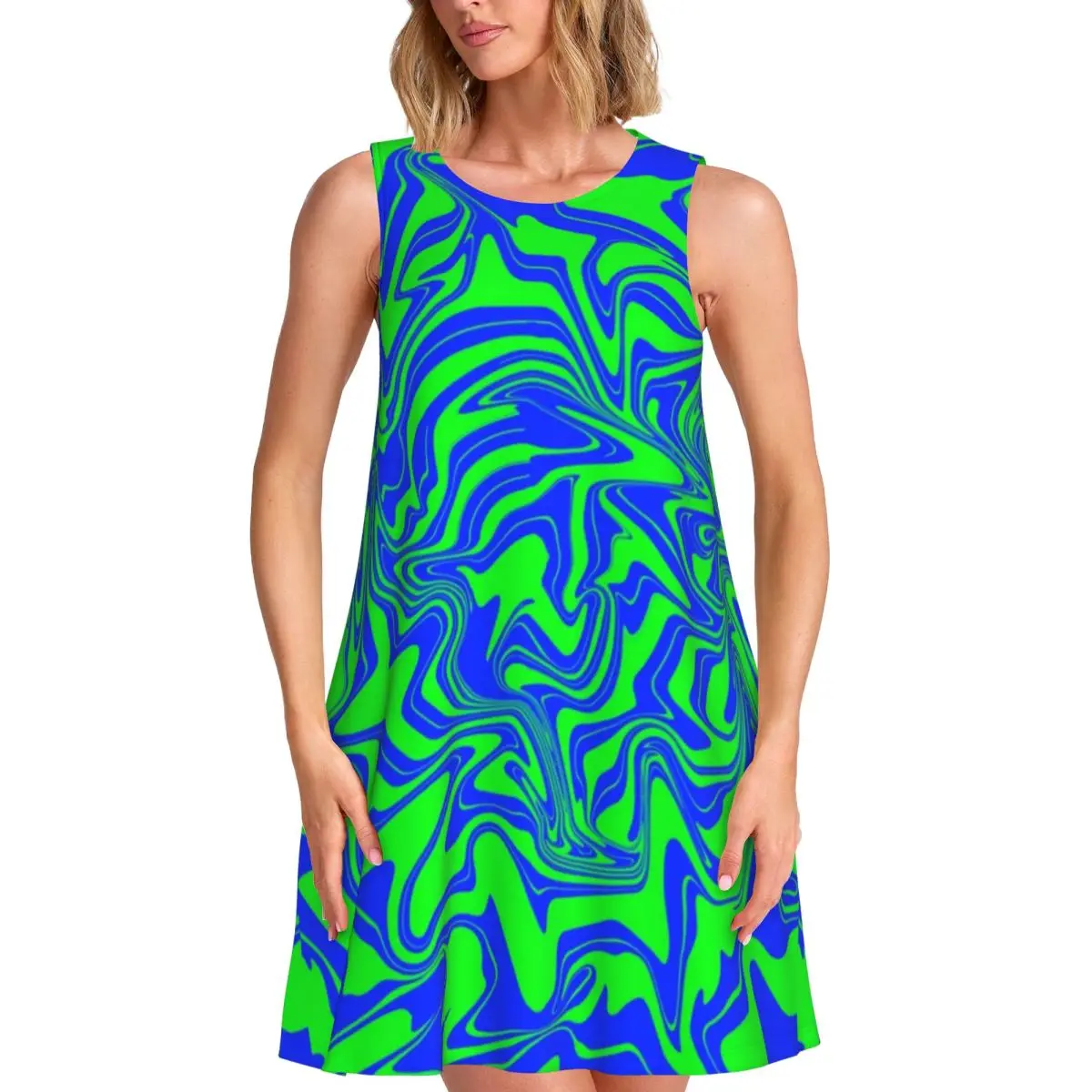 Green Liquid Swirl Casual Dress Blue Abstract Art Print Basic Dresses Summer Print Sexy Dress Sleeveless Clothes Big Size