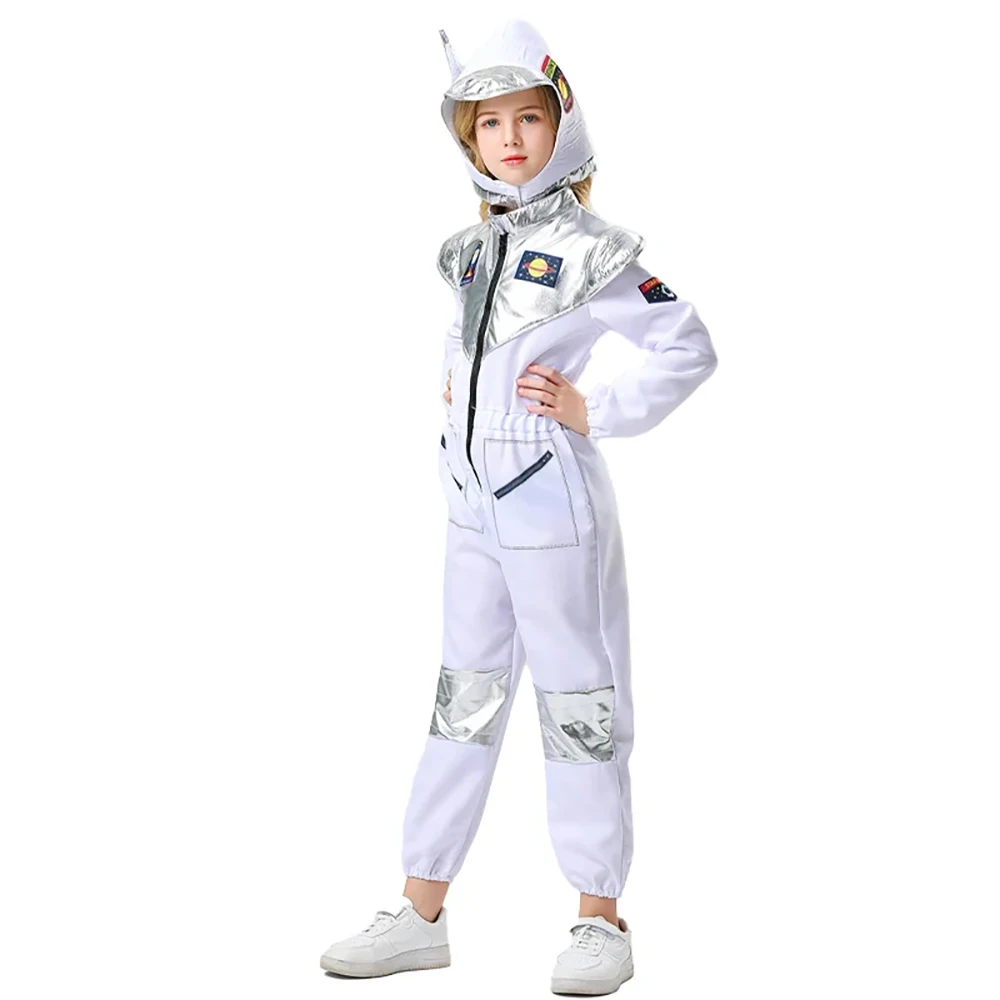 

Boys Girls Kids US Astronaut Dress up Print Cartoon White Space Suit Bodysuit Halloween Role Play Adventure Gloves Hat Set