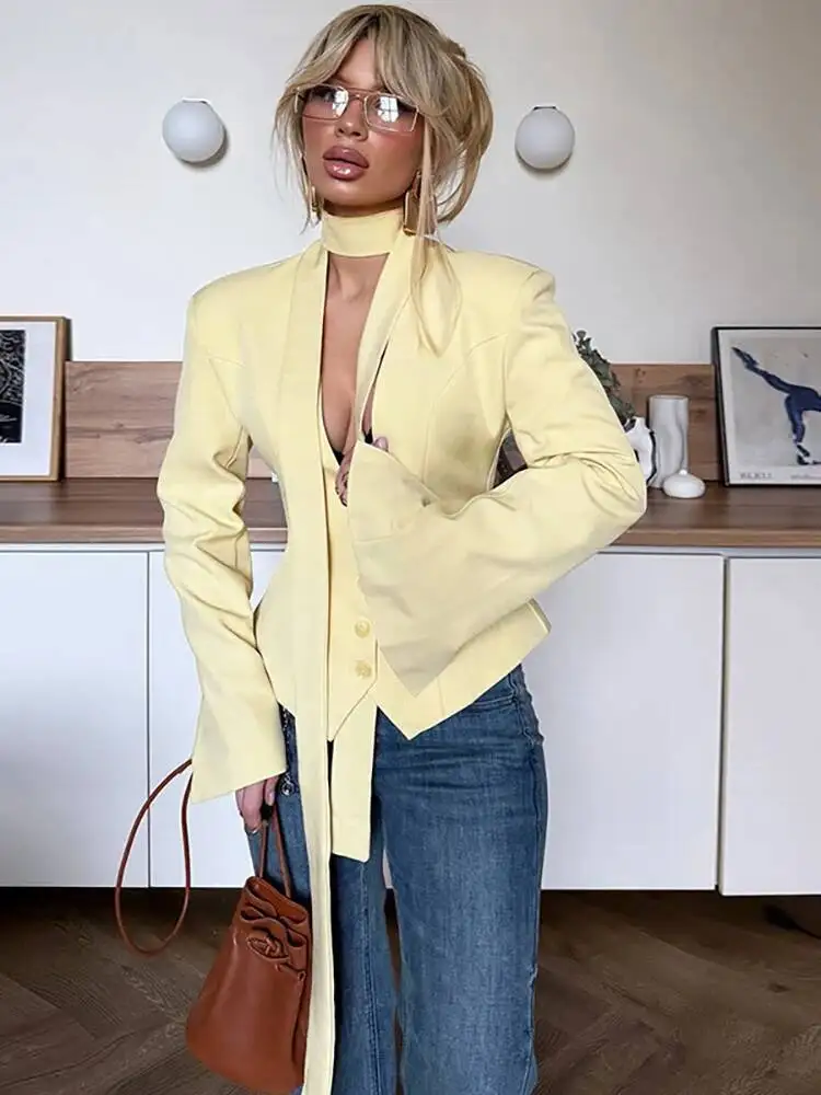 

Fantoye Sexy V-neck Single Breasted Ribbons Women Blazers Yellow Long Sleeve Solid Blazer Autumn Slim Elegant Official Clothing