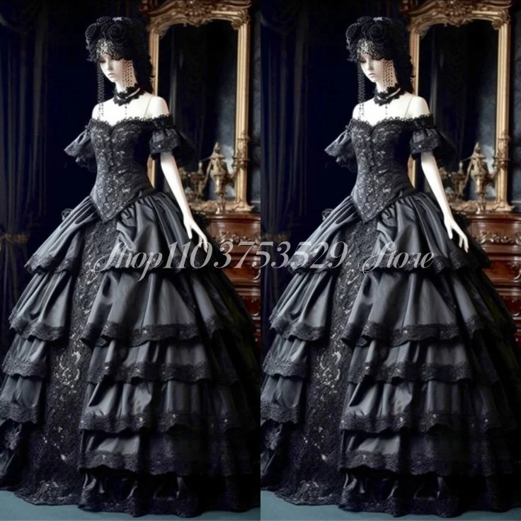 

Black and White Ball Victoria Prom Dress Gothic Black Strapless Corset Satin Appliqué Ruffles Formal Occasion Custom vestidos