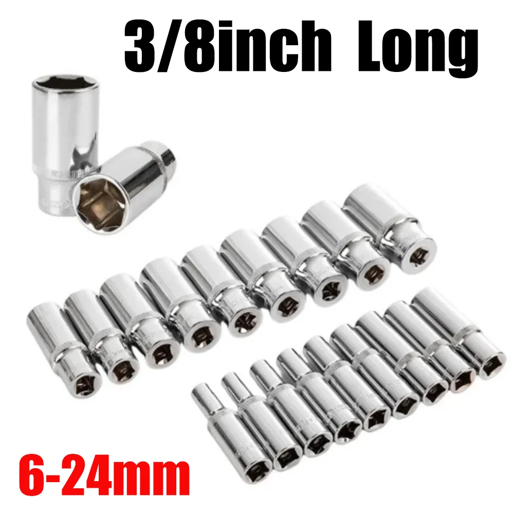 6-24mm 3/8inch Deep Socket Adapter Chrome Vanadium Steel Hex Long Sleeve Wrench Heads 6-24mm Ratchet Wrench Adapter