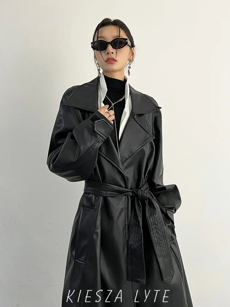 Alta qualidade vintage 2024 outono nova moda de rua premium rendas preto solto longo couro do plutônio trench coat jaqueta para mulher