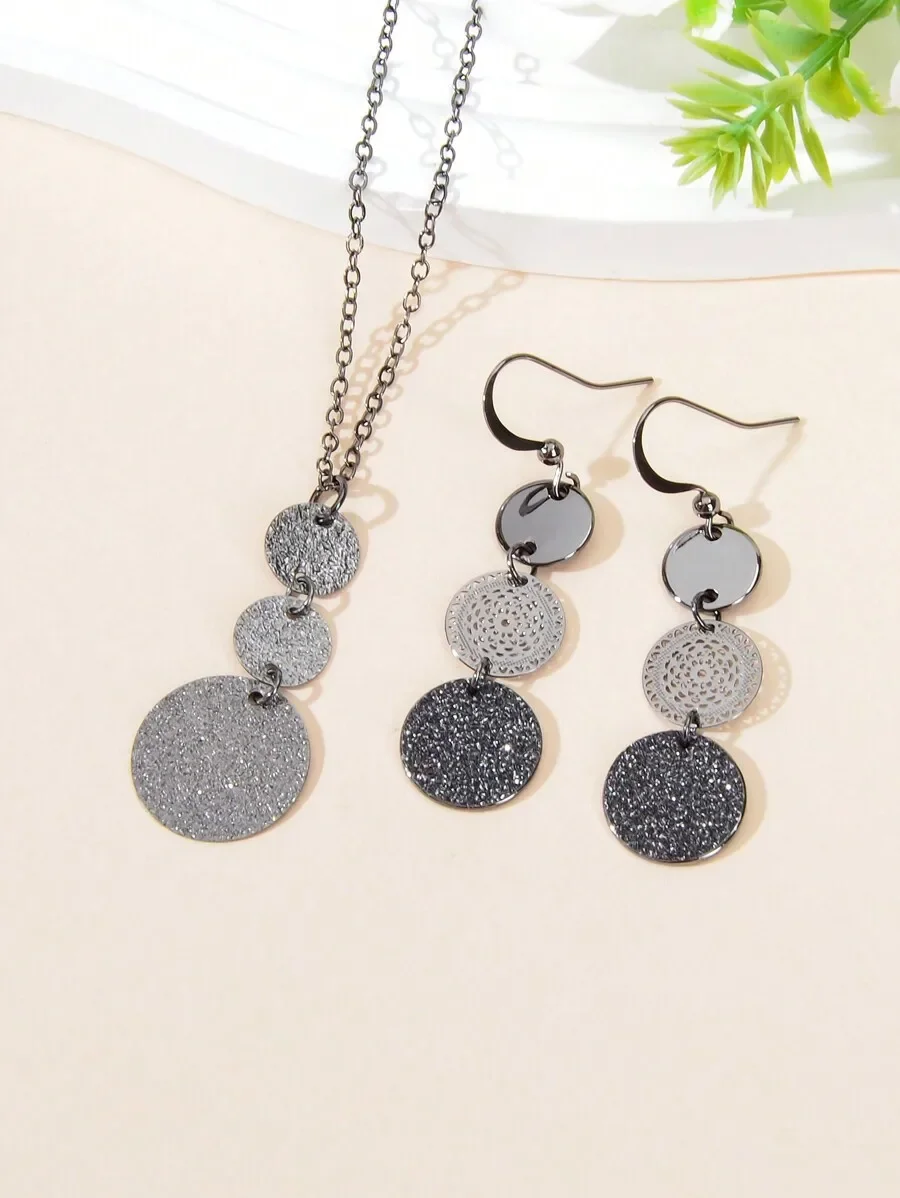 3-Piece Silver-Tone Layered Circle Pendant Necklace & Drop Earrings Set for Women