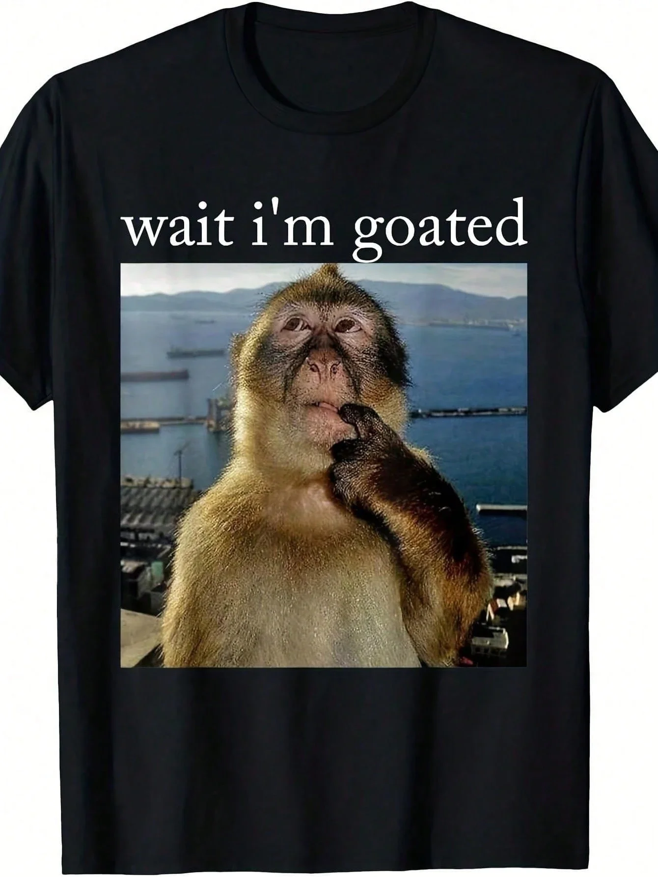 Brainrot Gift Funny Wait I'm Goated Monkey Graphic T-Shirt, Casual Short Sleeve Round Neck Tee Humorous Print, All-Season Shirt