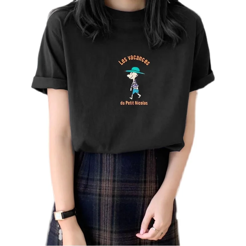 تي شيرت نسائي فضفاض برقبة مستديرة وأكمام قصيرة من القطن الخالص مع طباعة كرتونية على الطراز الكوري للفتيات ذوات المقاسات الكبيرة