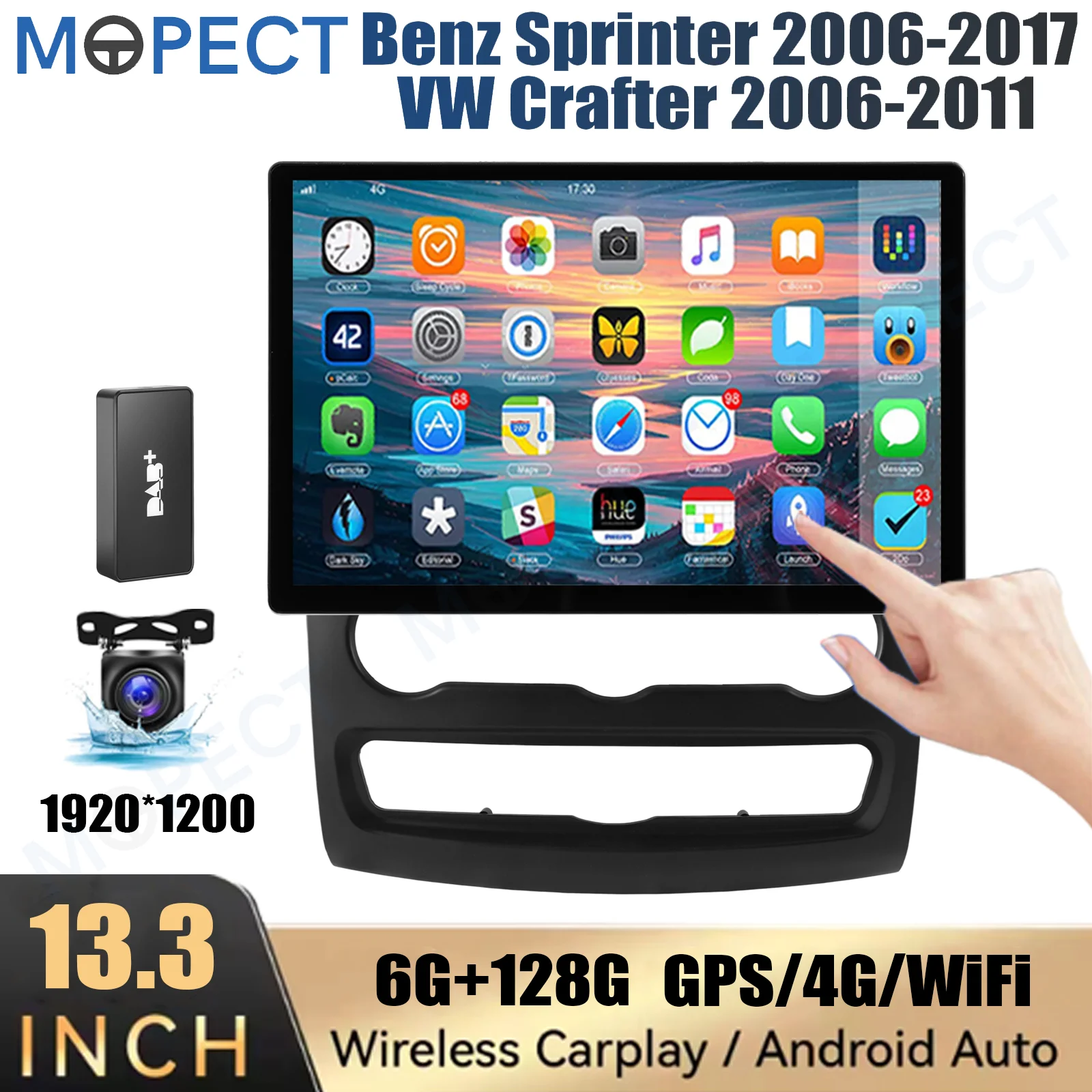 MOPECT 13,3 Zoll Android 15 Autoradio für VW Crafter 2006-2011 / Mercedes Sprinter 2006-2017, 6+128GB, kabelloses CarPlay, GPS-Navigation, 4G, Touchscreen, BT+DAB&AHD
