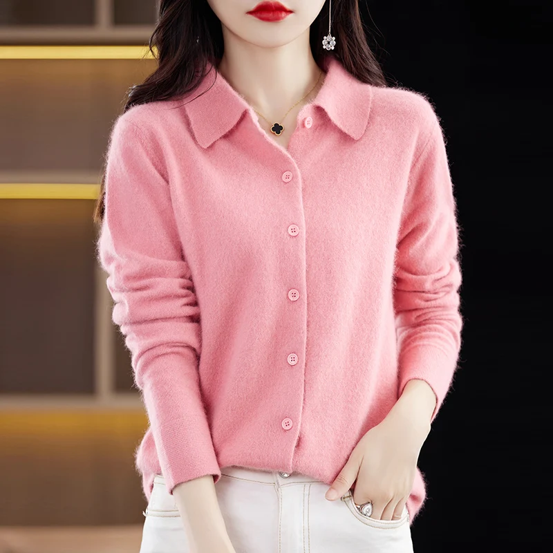 100% Mink Cashmere Sweater Women\'s Clothing New Top PoLo Collar Knitted Cardigan Autumn Winter Warm Jacket Casual Long Sleeved