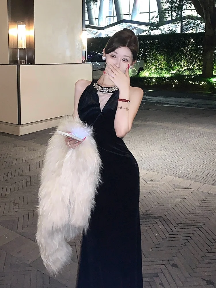 

Sexy Bla Velvet Gown Women's Autumn Winter High Waist Diamond Embellied Birthday Dr Fi Tail Bodycon Long Dr