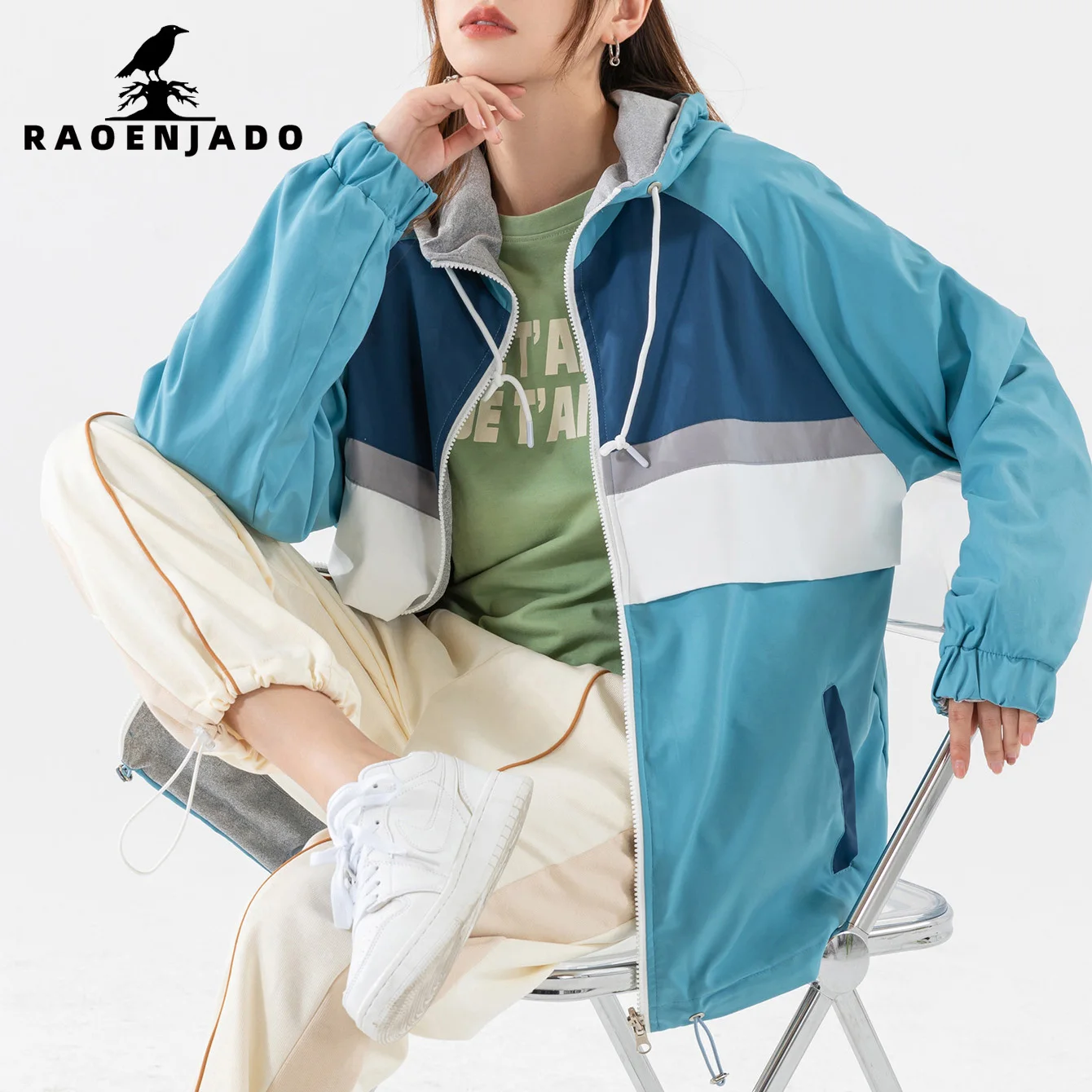 

Women's Hooded Full-Zip Front Jacket Spring and Autumn Casual Outerwear Reversible Design Patchwork Color-Block Style Coat