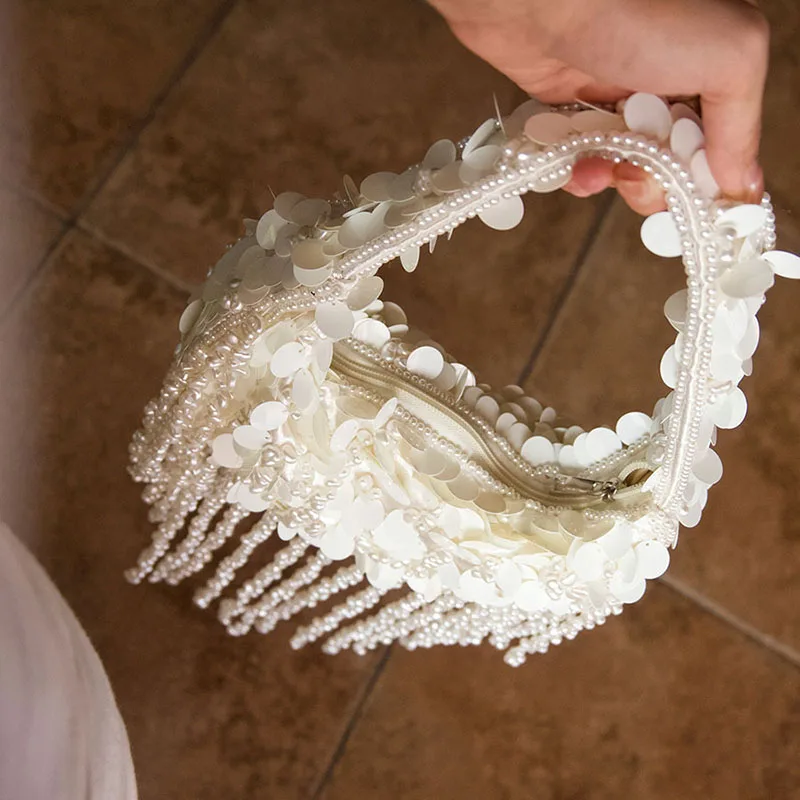 Luxury Pearls Tassel Evening Bags for Women Handbags Elegant Sequined Shoulder Bag Handmade Beading Wedding Clutch Ladies Purses