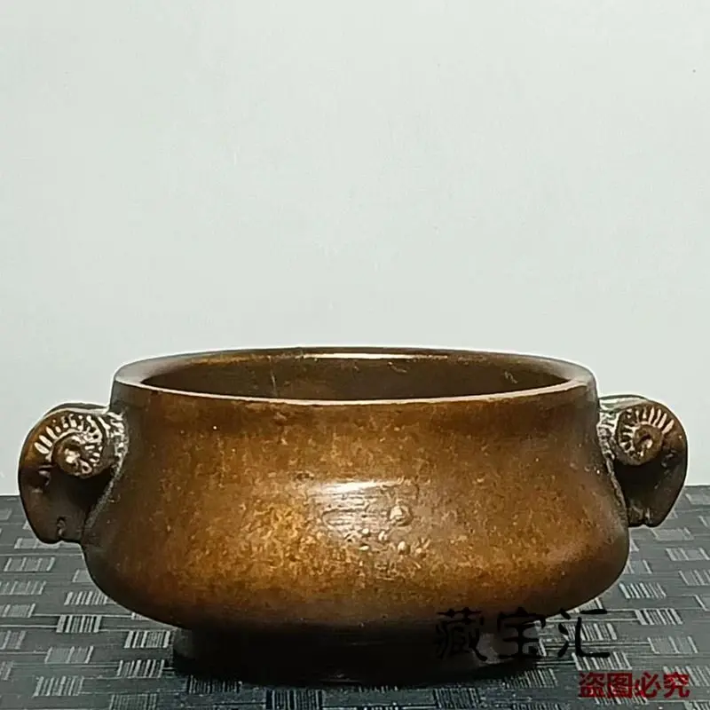 Antique Chinese Xuande Mark Double Sheep Ear Incense Burner Purple Copper Patina Ornament Old Item